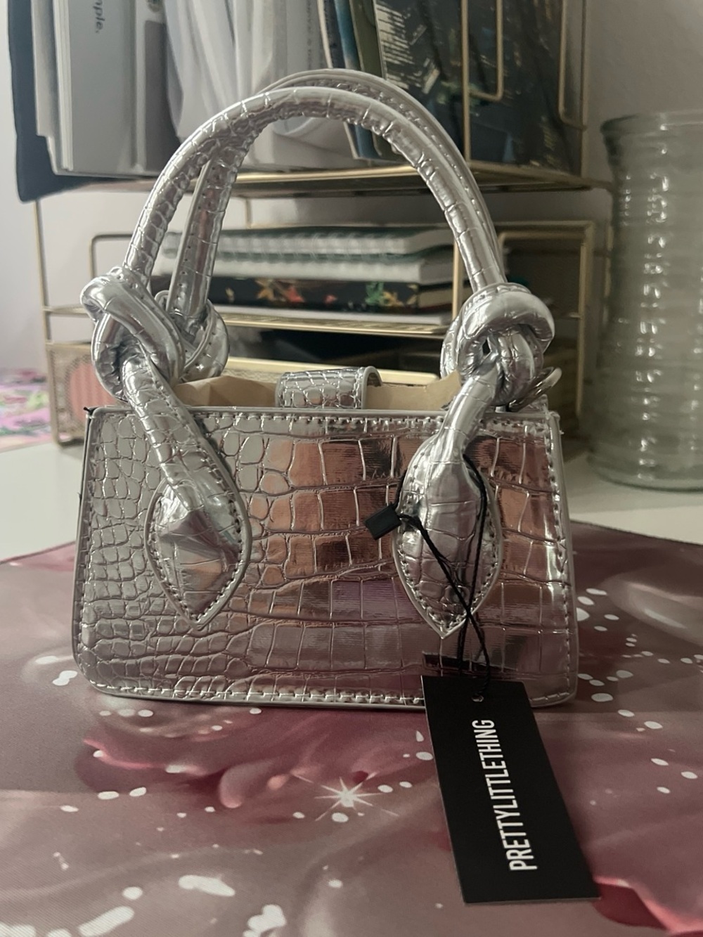 PRETTYLITTLETHING Silver Croc-Embossed Mini Tote